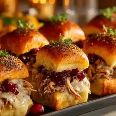 Thanksgiving leftover turkey cranberry sliders on a platter