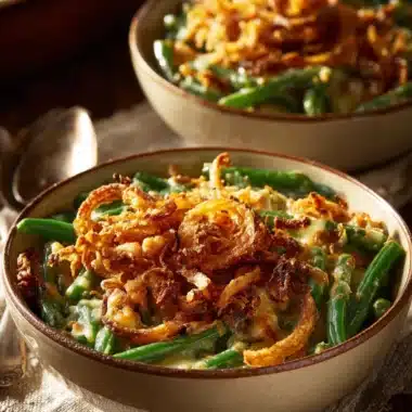 Delicious green bean casserole topped with crispy onions