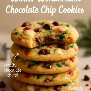 Warm and festive Winter Wonderland chocolate chip cookies on a snowy background