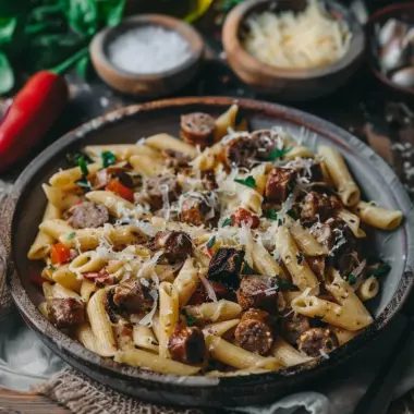 Plate of delicious Cajun Sausage Pasta with spices and creamy sauce.