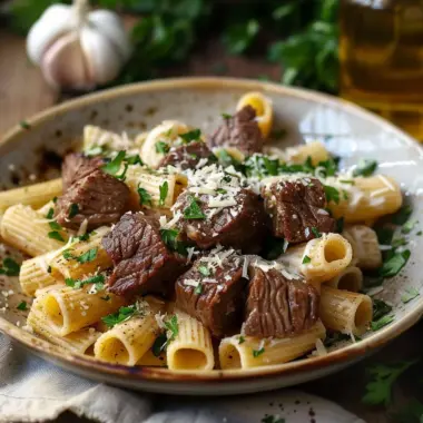 Cajun steak tips served with cheesy rigatoni on a plate