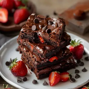 Delicious chocolate covered strawberry brownies topped with fresh strawberries.