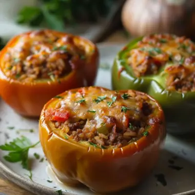 Delicious classic stuffed peppers filled with meat, rice, and herbs