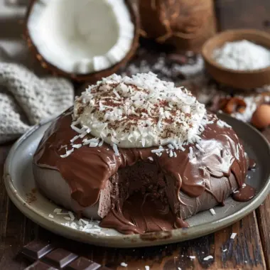 Coconut Dome dessert drizzled with chocolate spread, showcasing its delicious layers.