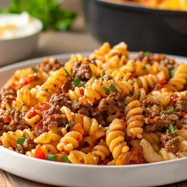 Creamy Rotel pasta with ground beef served in a cozy dinner setting