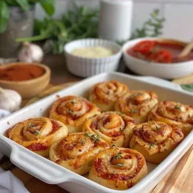 Golden crispy air fryer pizza rolls served with dipping sauce.