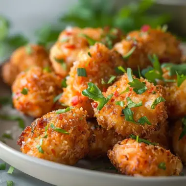 Crispy Bang Bang Salmon Bites served on a plate with sauce and garnishes.
