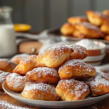 A plate of light and fluffy buttermilk beignets dusted with powdered sugar.