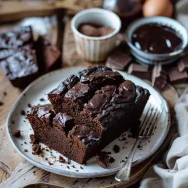 Hot fudge brownie bread topped with chocolate sauce and served on a plate