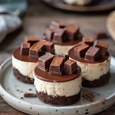 Mini vegan cheesecakes on a white plate, topped with fresh berries.