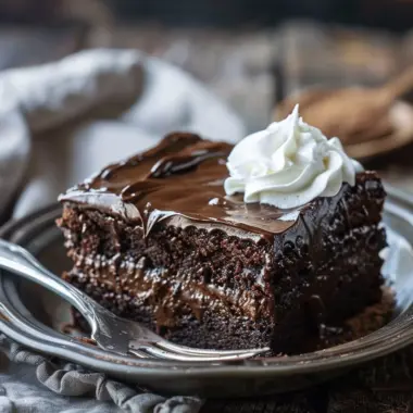 Moist chocolate sheet cake with whipped cream and ganache topping