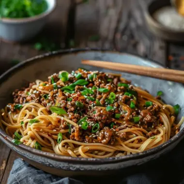 Mongolian ground beef noodles garnished with green onions and chilies