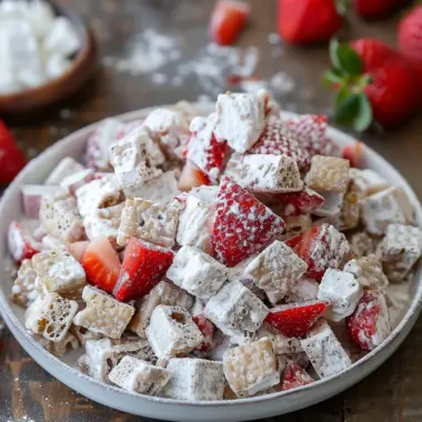 Quick strawberry shortcake puppy chow recipe with colorful cereal and strawberries.