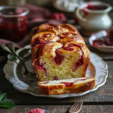 Freshly baked Raspberry Swirl Brioche Loaf with a vibrant raspberry swirl pattern