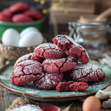 Delicious red velvet crinkle cookies on a plate, perfect for dessert lovers.