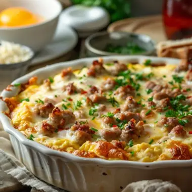 Delicious Sausage and Egg Casserole dish topped with herbs and cheese