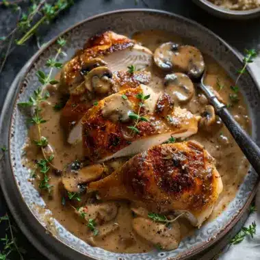 Delicious slow cooker chicken and gravy served with mashed potatoes.