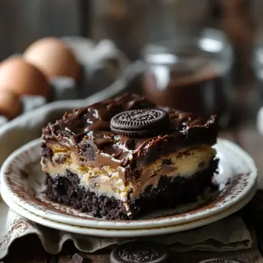 Delicious layers of slutty brownies with cookie dough, brownie, and Oreos.