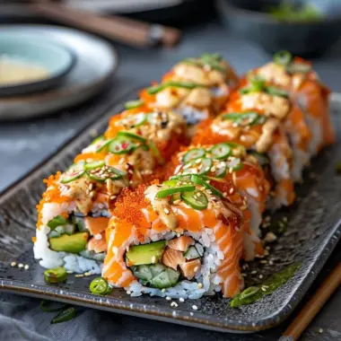 Delicious spicy salmon sushi bake topped with seaweed and drizzled with sauce.