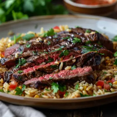 Delicious Steak Cheese Rice served in a bowl with garnishes