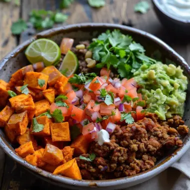 Colorful Sweet Potato Taco Bowl with toppings and lime