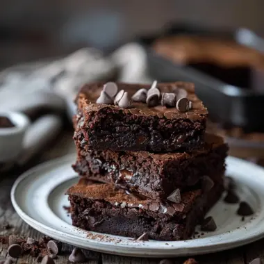 Delicious homemade brownies topped with chocolate chips and nuts.