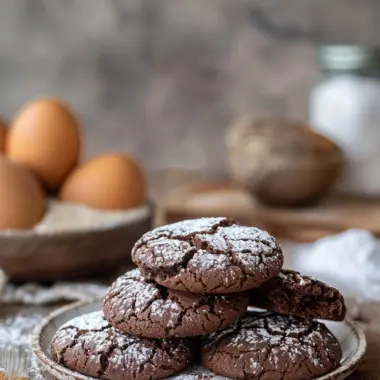Delicious chocolate crinkle cookies dusted with powdered sugar on a plate.