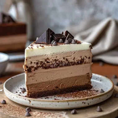 Triple chocolate mousse cake with rich layers of chocolate and whipped cream.