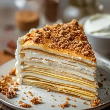 Layered Vanilla and Speculoos Crêpe Cake with a creamy filling