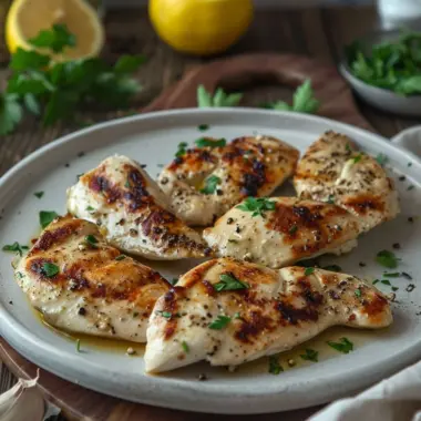 Delicious yogurt marinated chicken garnished with herbs on a plate.