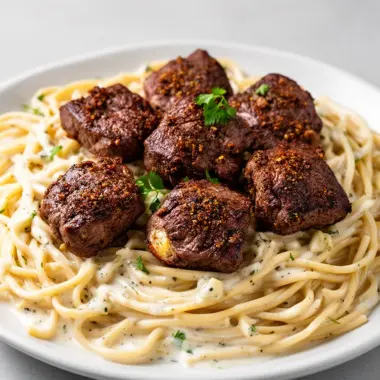 Cajun Steak Bites served with creamy garlic pasta on a dinner plate