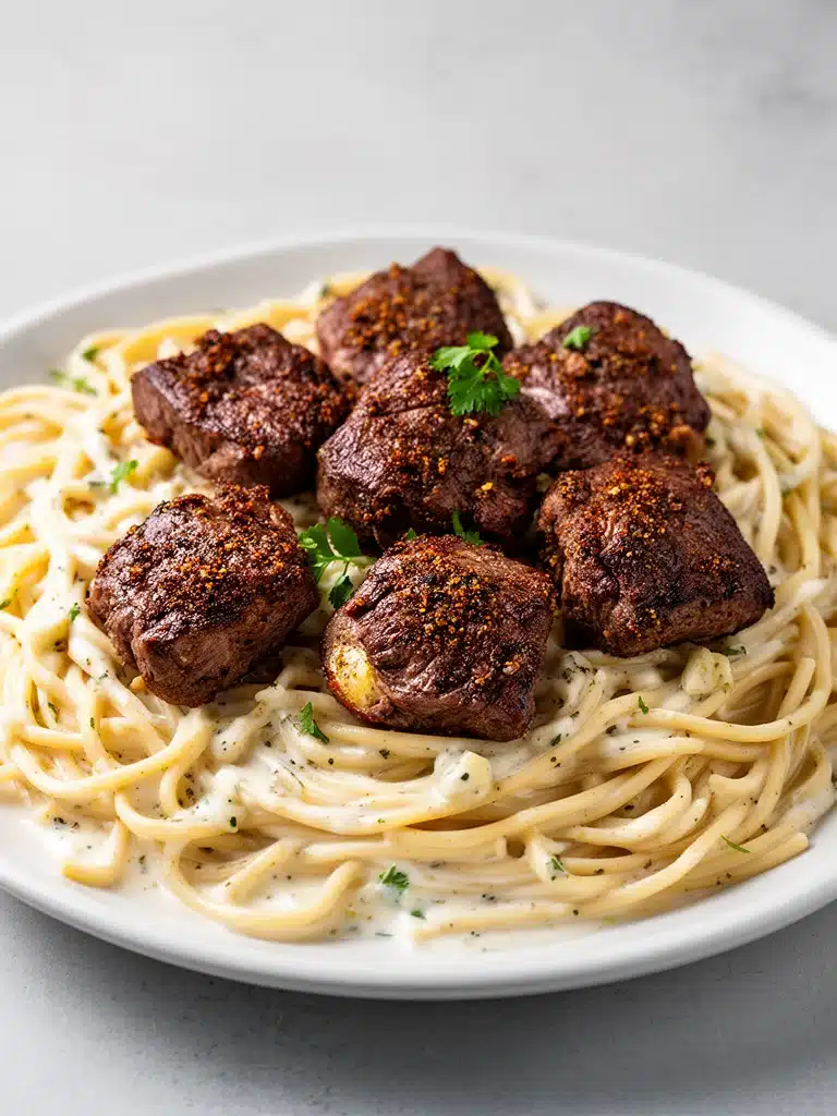 Cajun Steak Bites with Creamy Garlic Pasta