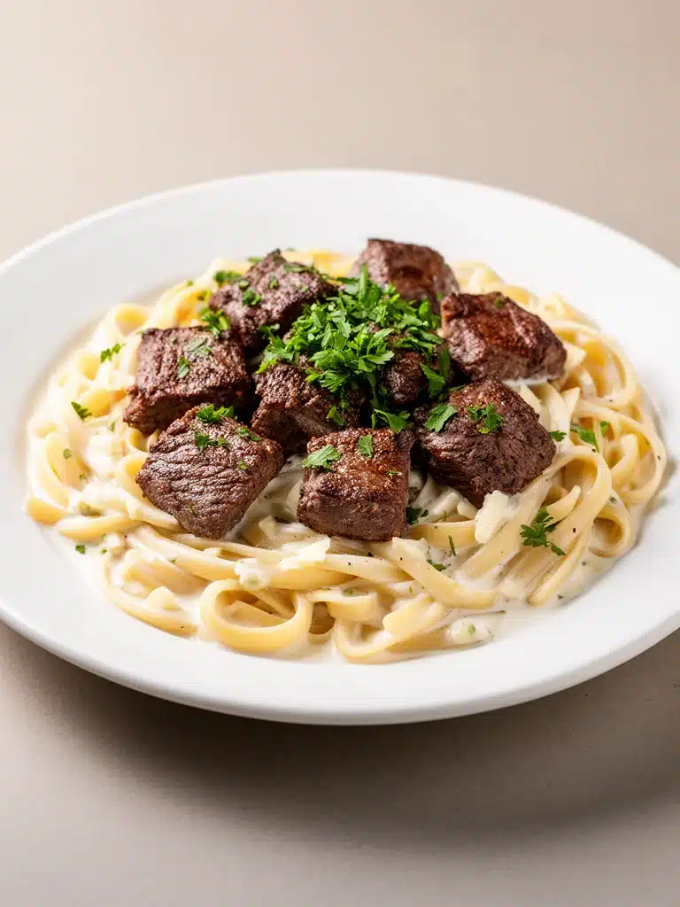 Cajun Steak Bites with Creamy Garlic Pasta