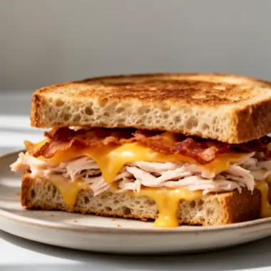 Cheddar and bacon turkey melt sandwich on toasted sourdough bread.