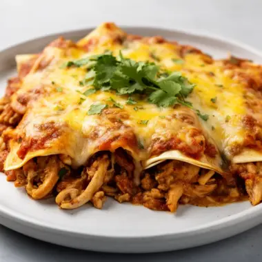 Cheese Chicken Enchiladas Bake topped with melted cheese and fresh herbs