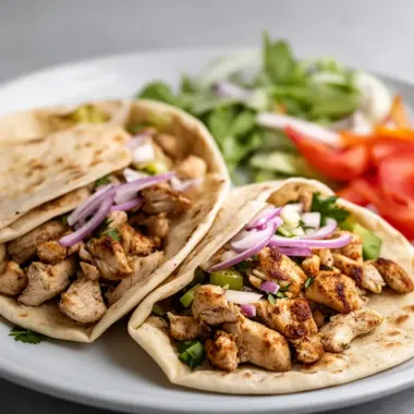 Delicious Chicken Gyros wrapped in pita with fresh veggies and savory sauce.