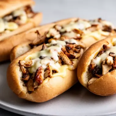 Delicious Chicken Philly Cheese Steaks with melted cheese and peppers on a hoagie roll