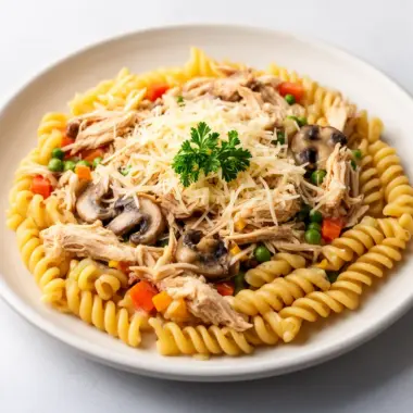 Delicious classic chicken pot pie pasta served in a bowl