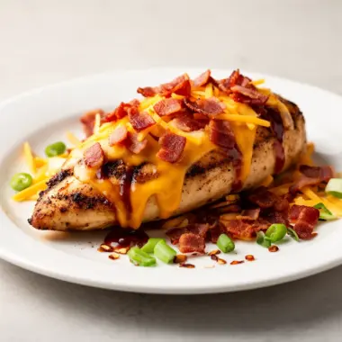 Cowboy BBQ Bacon Cheddar Chicken served on a plate with barbecue sauce