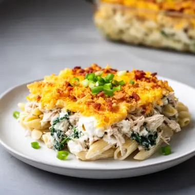 Delicious Crack Chicken Casserole topped with cheese and herbs in a baking dish