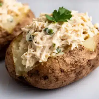 Delicious Crack Chicken Stuffed Baked Potatoes topped with cheese and herbs