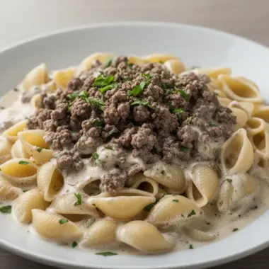 Delicious creamy beef and shells pasta served in a bowl