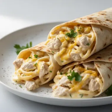 Creamy Cheesy Chicken Alfredo Wraps on a plate ready to serve.
