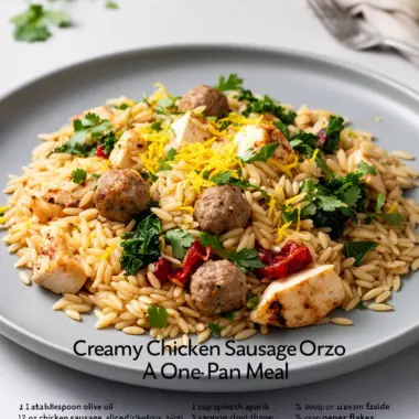 Creamy chicken sausage orzo dish in a skillet, garnished with herbs.