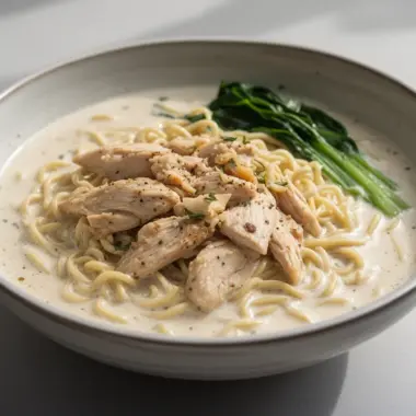 Creamy Garlic Chicken Ramen garnished with green onions and served in a bowl