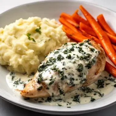 Creamy Herb Chicken served with mashed potatoes and glazed carrots, a comforting dinner.