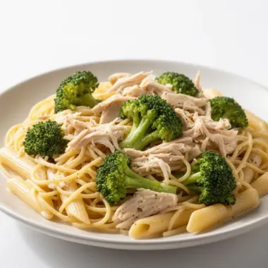 Creamy rotisserie chicken broccoli pasta served in a bowl