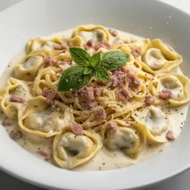 Creamy tortellini carbonara with pancetta and parmesan cheese on a plate