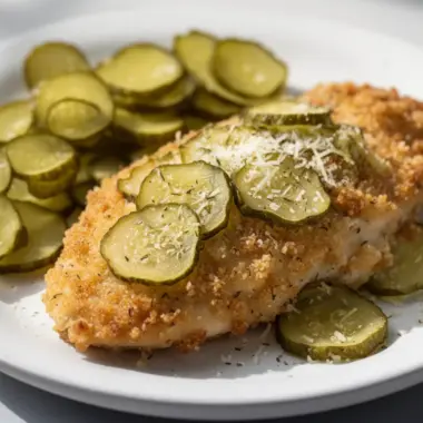 Crispy dill pickle Parmesan chicken garnished with fresh herbs