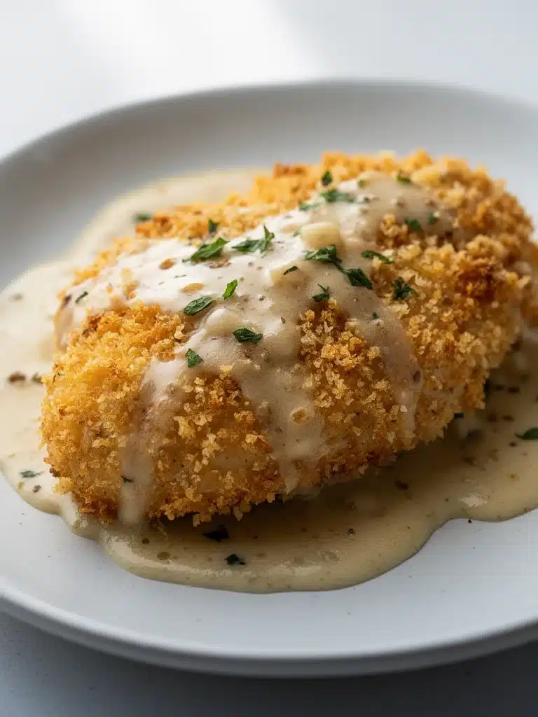 Crispy Parmesan Chicken with a Rich Garlic Sauce - Easy Dinner Idea